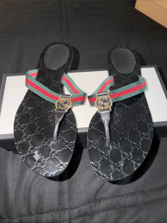 Gucci Shoes - Gucci Black GG Embossed Thong Sandals with Red and Green Web